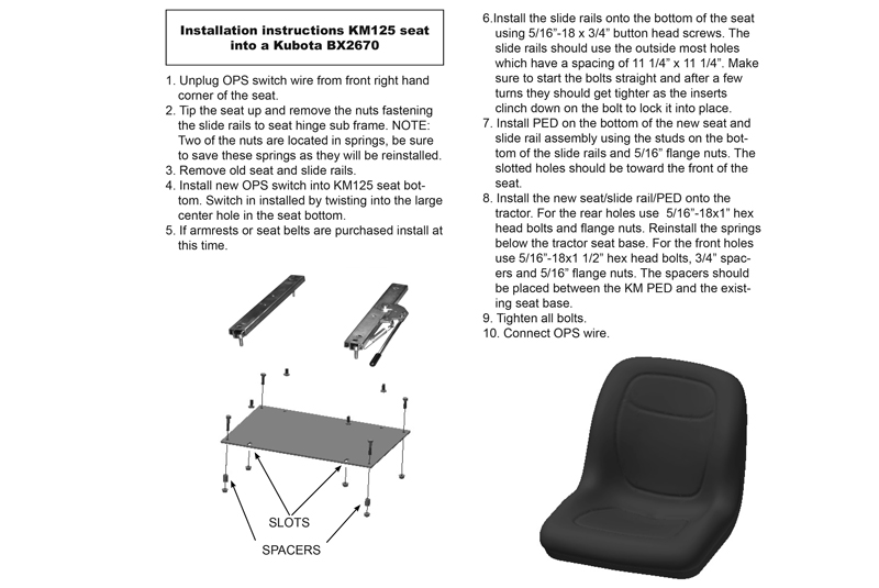 install instructions Replacement Tractor Seat Kubota BX1870, BX2370, BX2380, BX2670, BX2680